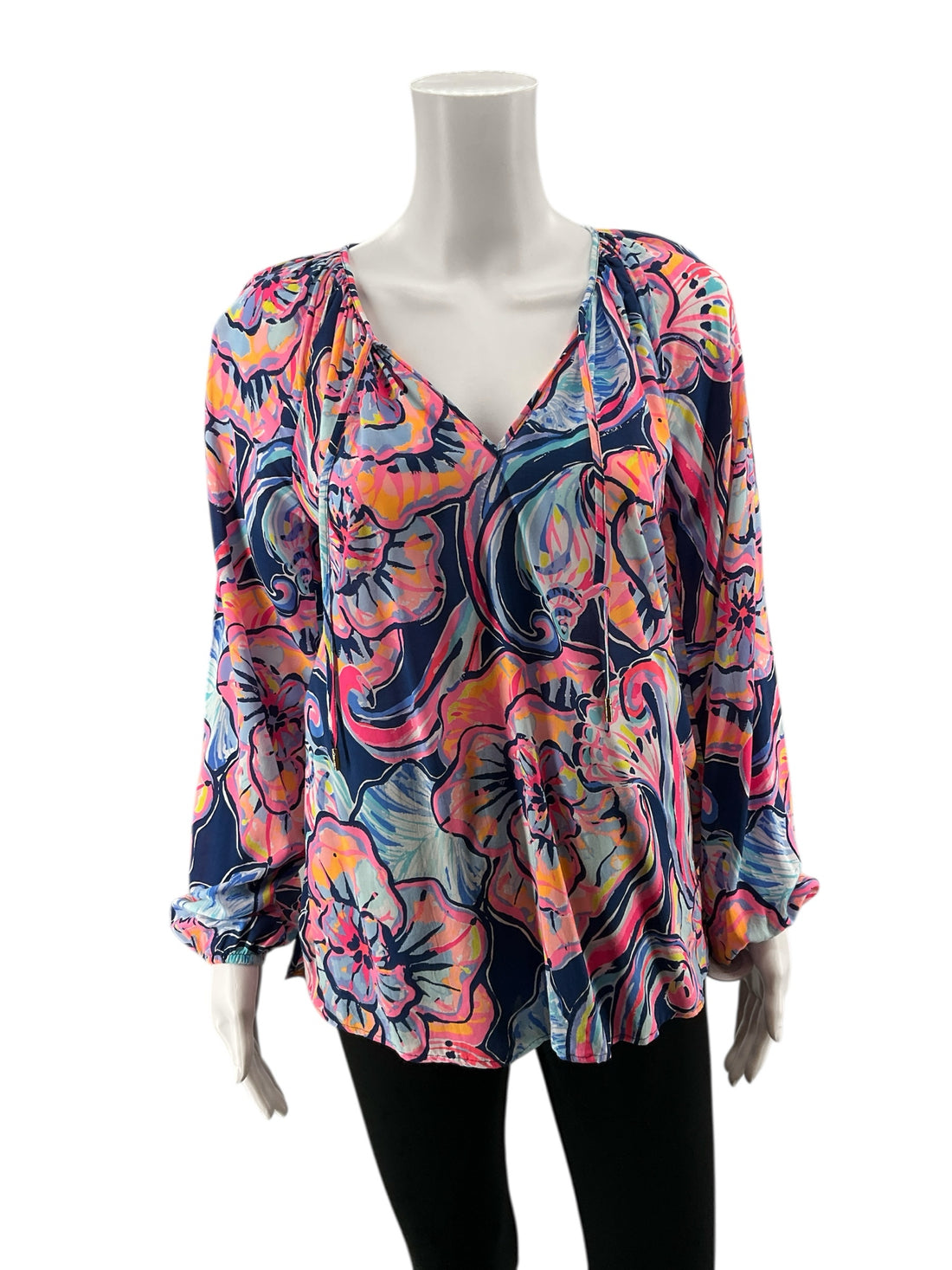 Lilly Pulitzer pink/blue/orange Long Sleeve Nevie Top Multi Sink Or Swim Floral Blouse Size Small - Size S
