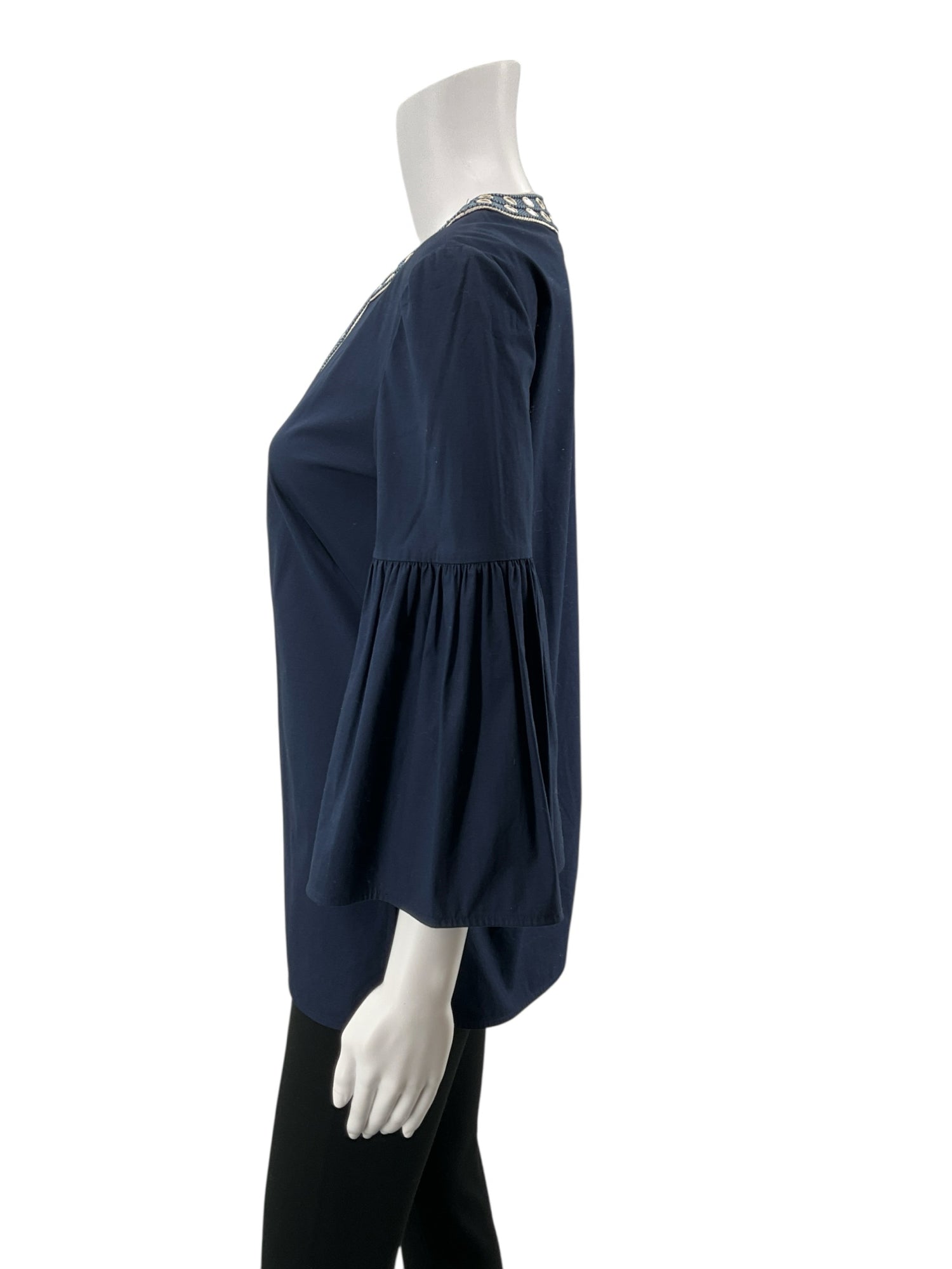 Tory Burch Navy 3/4 Sleeve Harper Tunic Navy Blue Mirror Embroidered Bell Sleeve Top Size 2 - Size 2