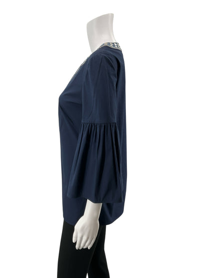 Tory Burch Navy 3/4 Sleeve Harper Tunic Navy Blue Mirror Embroidered Bell Sleeve Top Size 2 - Size 2
