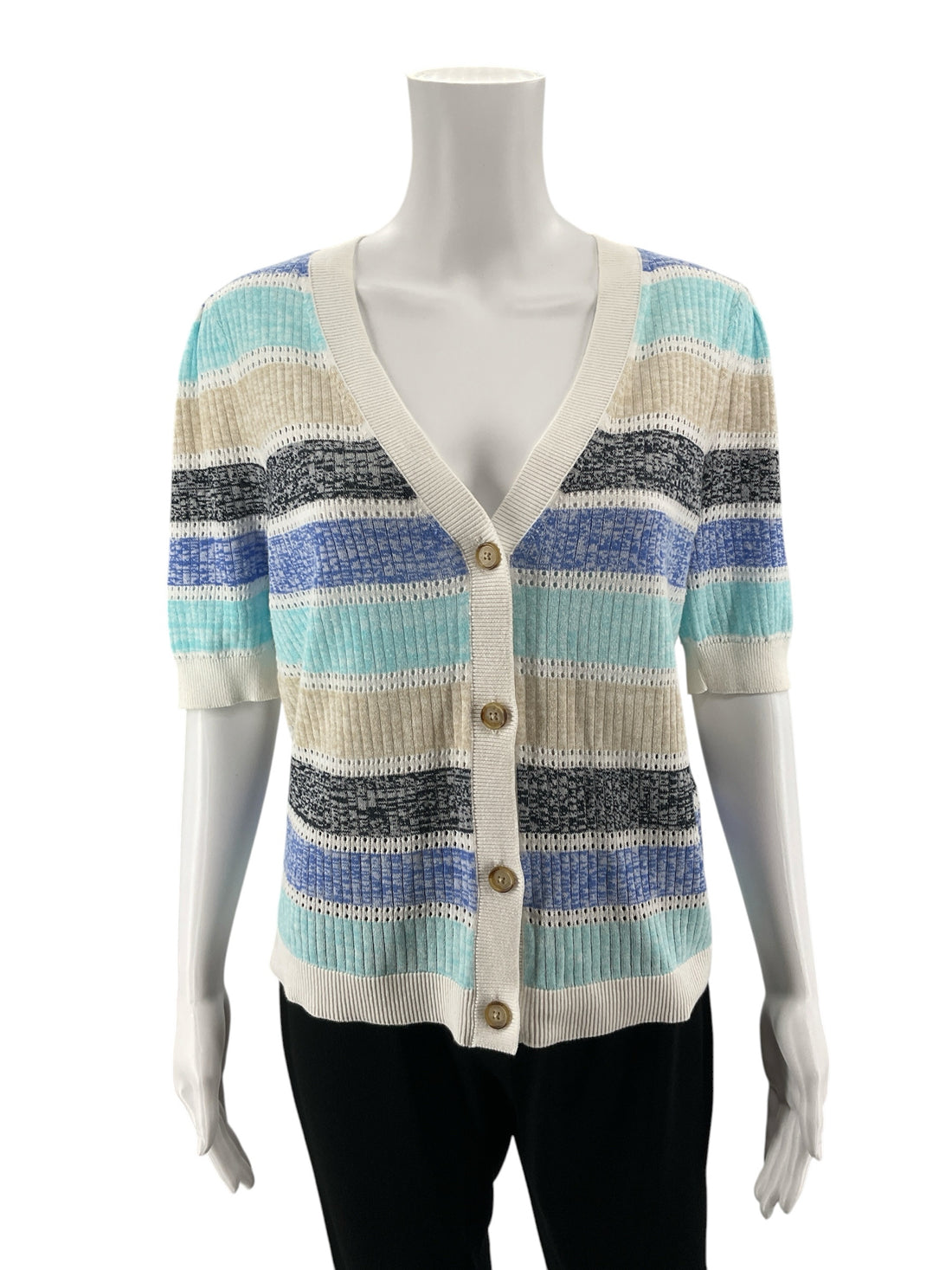 LOFT Striped Puff Sleeve Cotton Sweater Cardigan Size Large - ONLINE ONLY