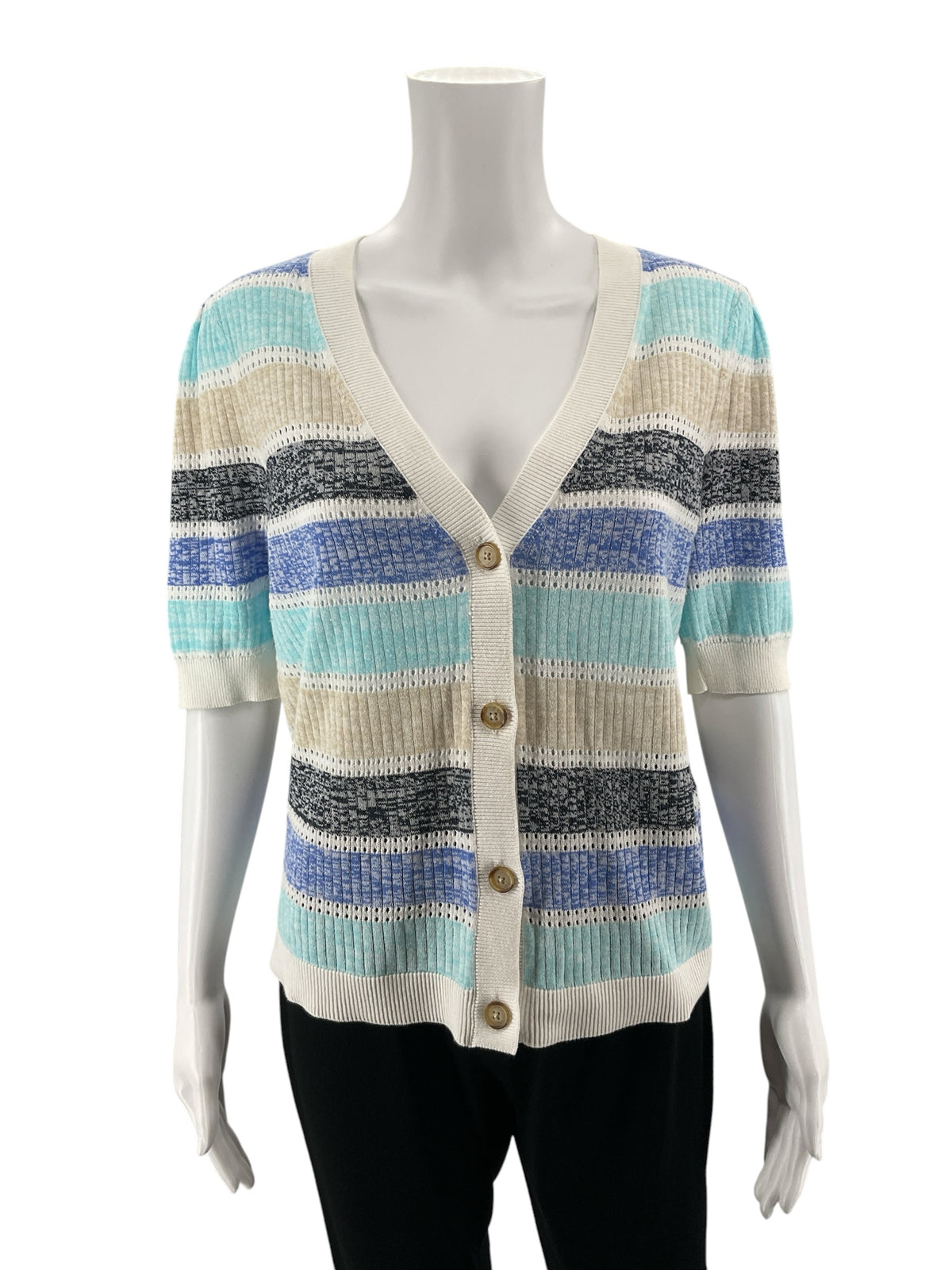 LOFT Striped Puff Sleeve Cotton Sweater Cardigan Size Large - ONLINE ONLY