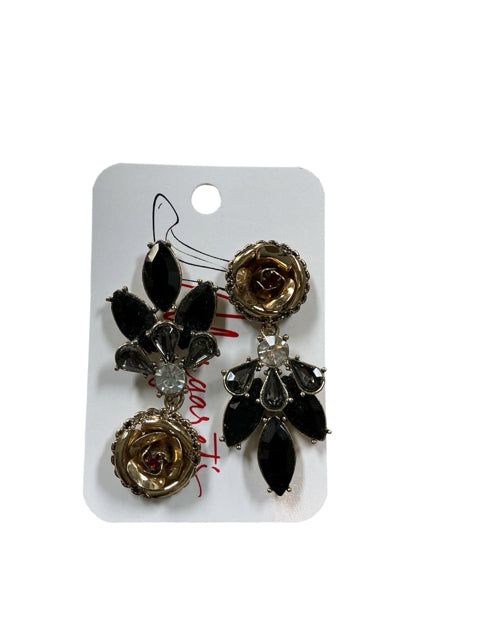 Black Crystal &amp; Gold-Tone Floral Statement Drop Earrings
