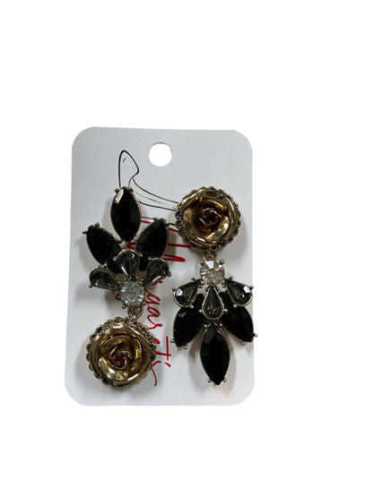 Black Crystal &amp; Gold-Tone Floral Statement Drop Earrings