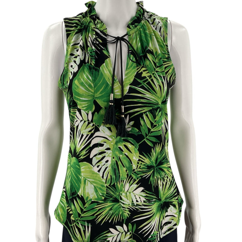 White House Black Market Green/Black Palm Leaves Blouse - Size XS - Margaret’s Fine Consignment