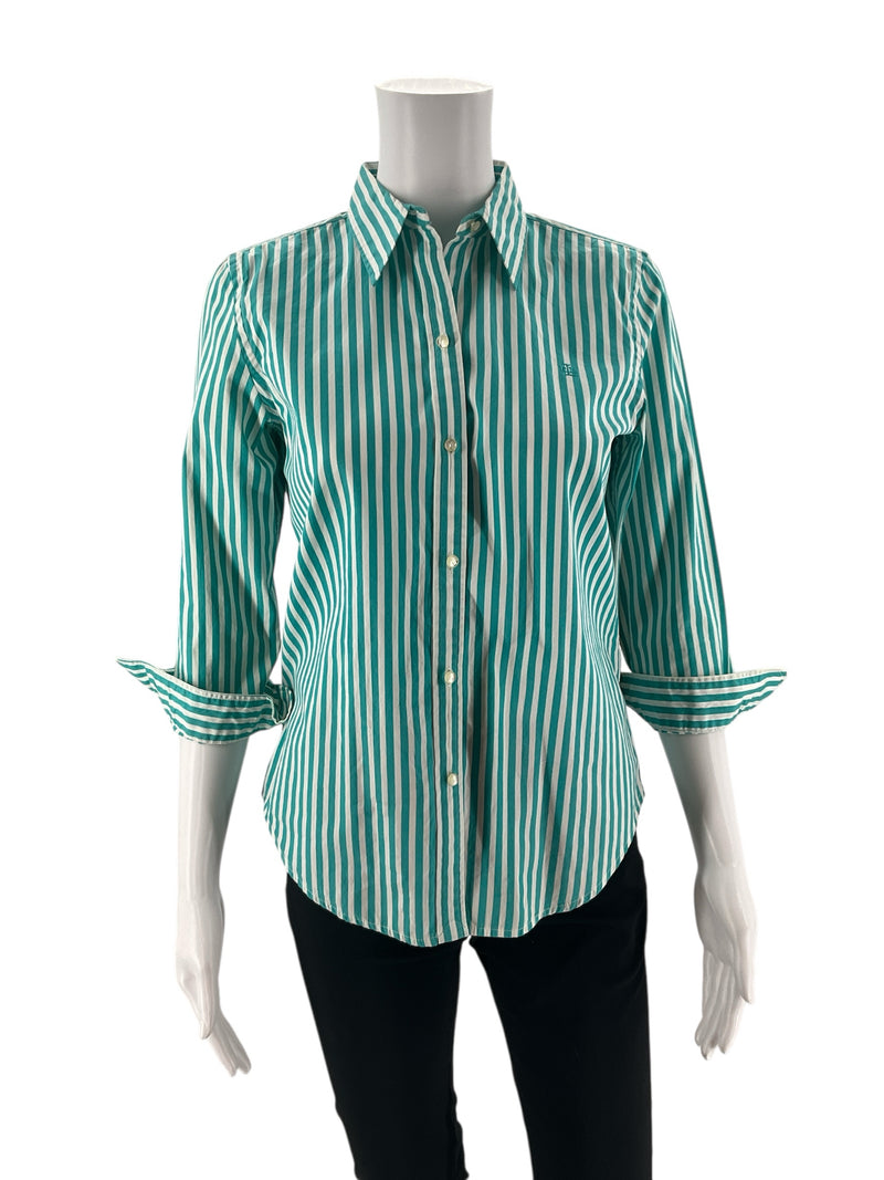 Ralph Lauren White/Aqua Stripe Pre-Owned Ladies Top - Size XS