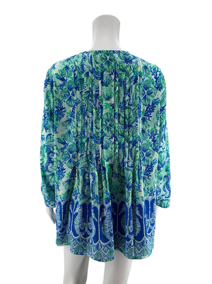 Lilly Pulitzer Elsa Tunic Top Hook Line Sinker Print Blue Green Size Large