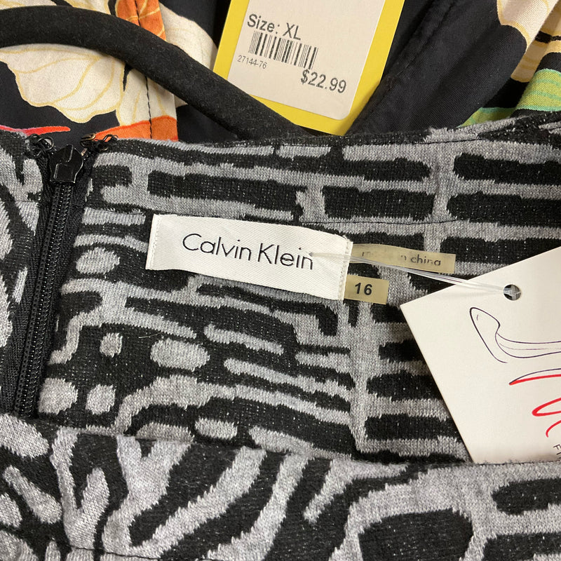 Calvin Klein Gray & Black Optical Print Sheath Dress – Size 16, Excellent Condition - Margaret’s Fine Consignment