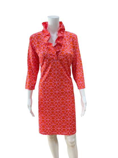 Gretchen Scott Ruffle Neck Dress Size Large Tangerine Groove Geometric Print