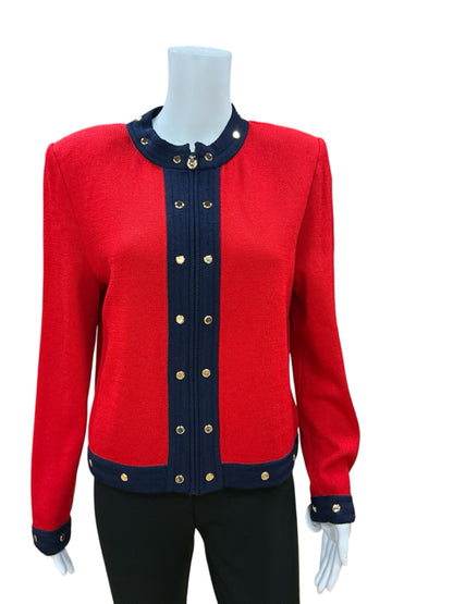St. John Collection by Marie Gray red/navy Jacket Red Santana Knit Jacket Navy Trim Size 8 - Size 8