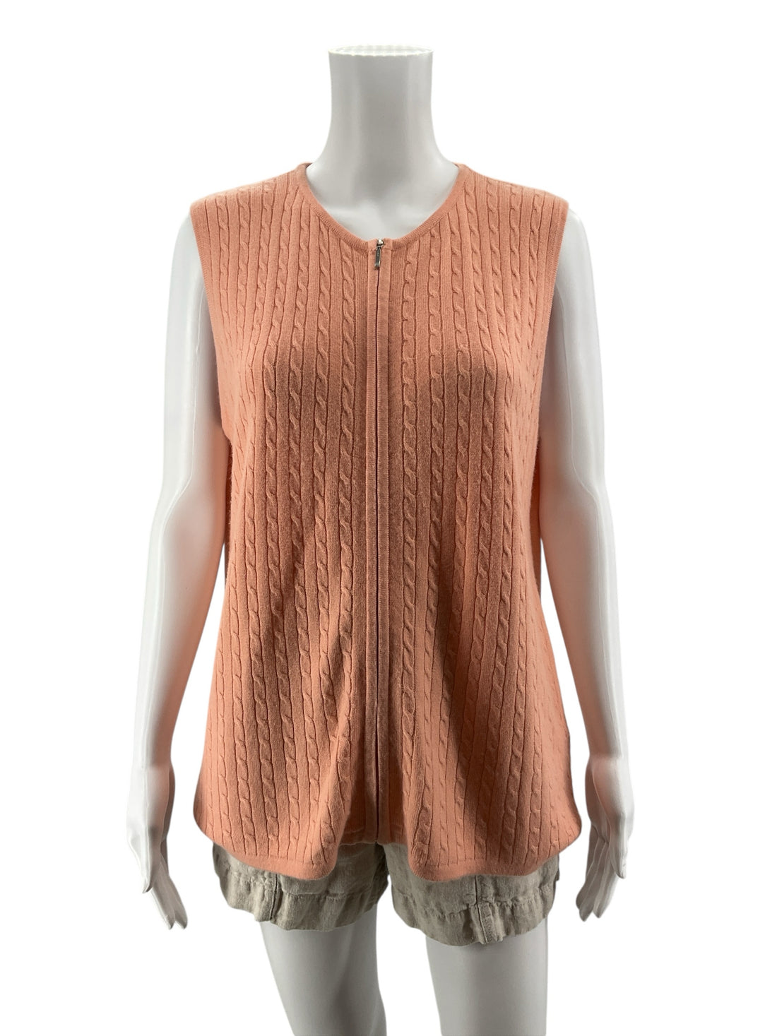 Alia Petites Cable Knit Zip Front Sweater Vest Tunic | Peach Cobbler | Size Medium Petite