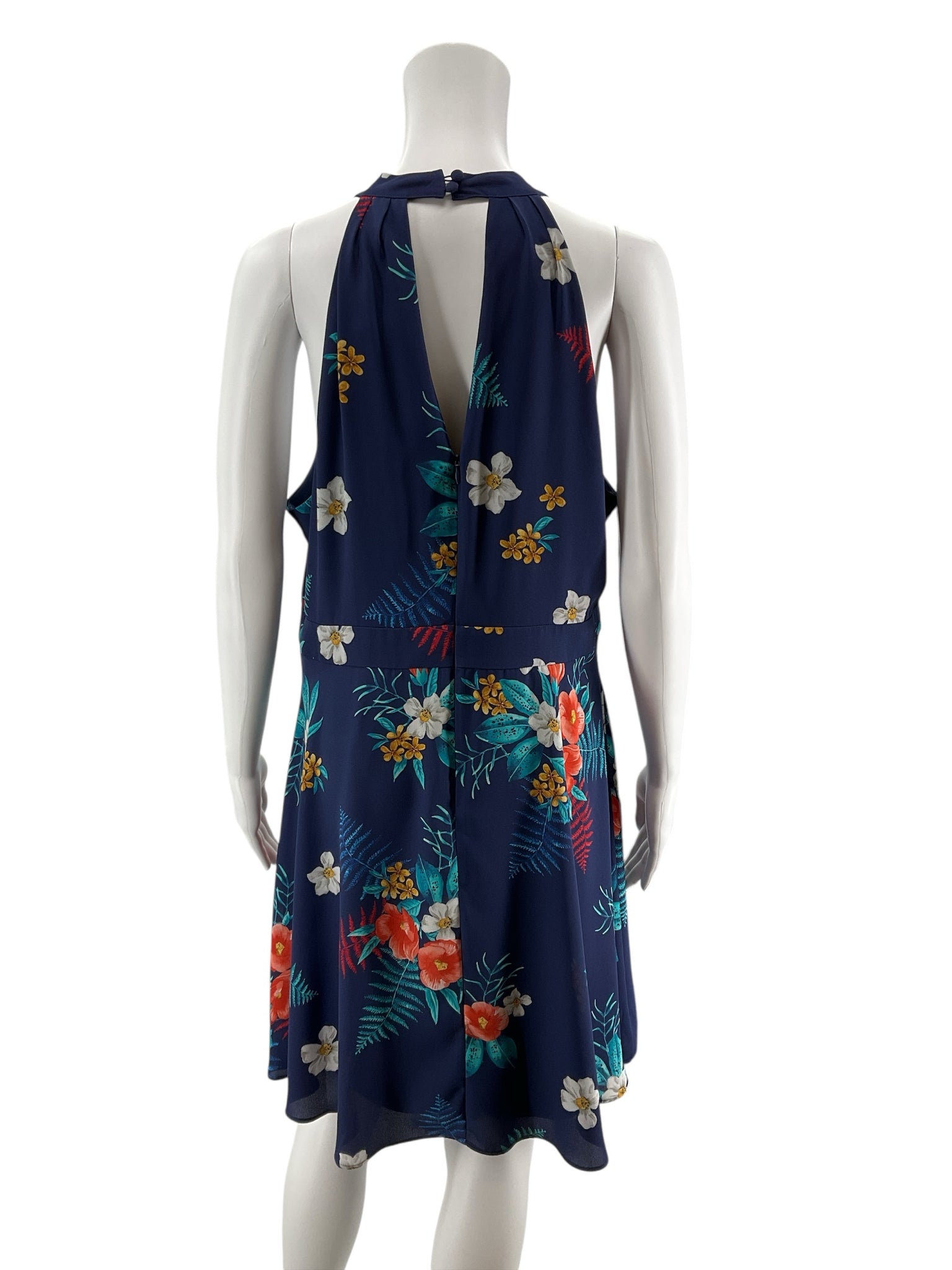 Express Floral Halter Keyhole Fit &amp; Flare Dress Navy Teal Orange Size 14