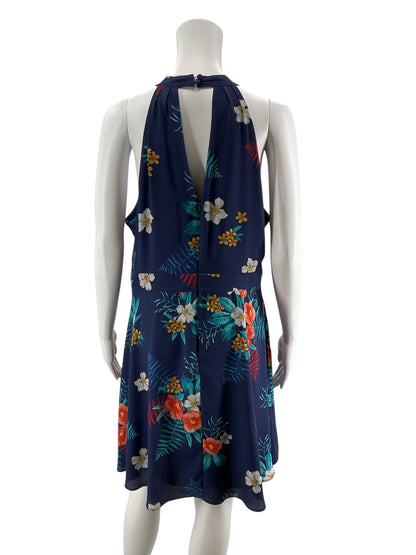 Express Floral Halter Keyhole Fit &amp; Flare Dress Navy Teal Orange Size 14