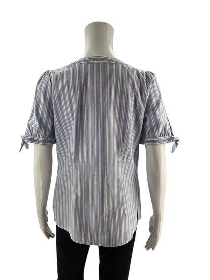 Talbots pre-owned white, blue, and red striped popover blouse for women, size small petite, displayed on a neutral background.
