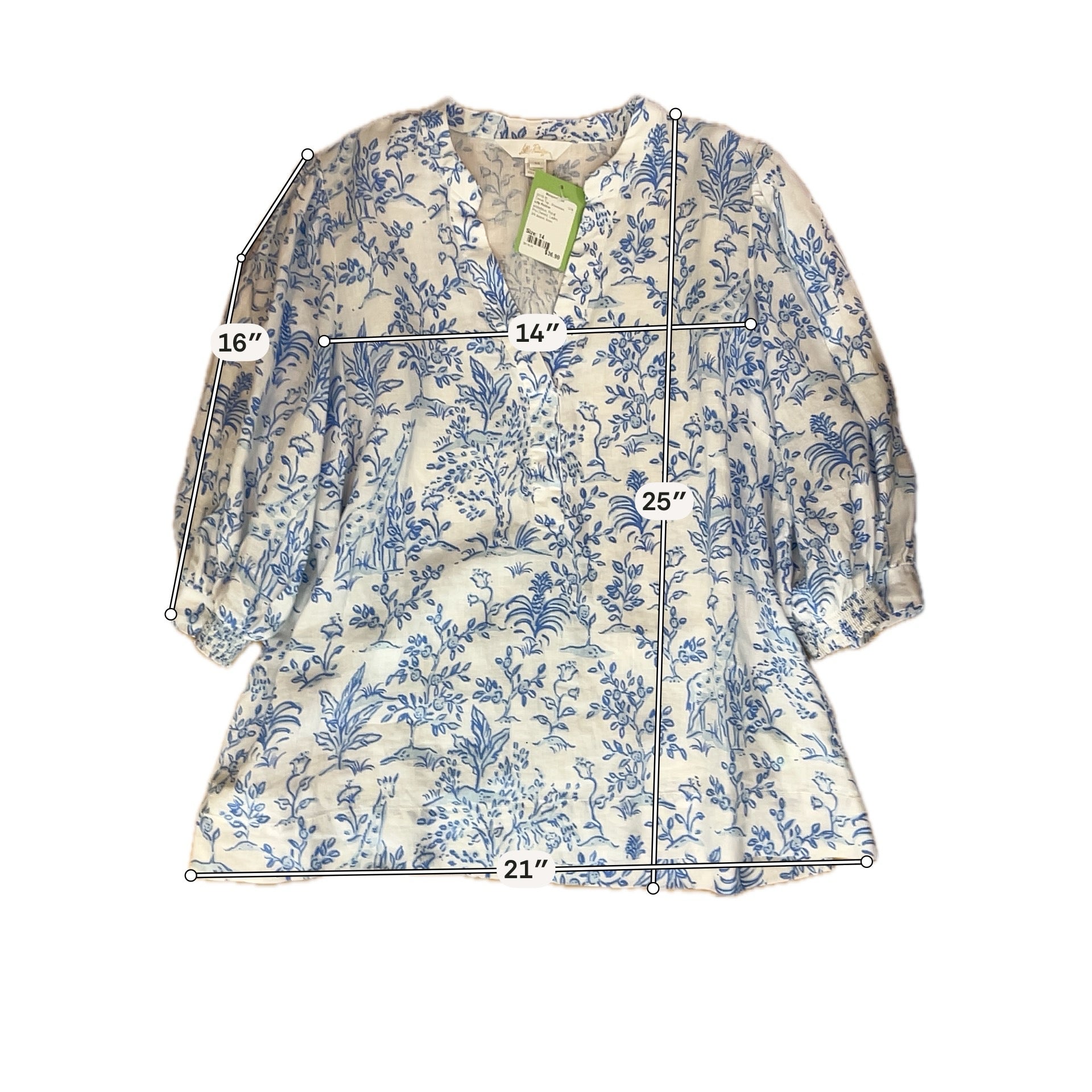 Lilly Pulitzer Tatum Tunic Top Jungle Toile Linen White Blue Size 14