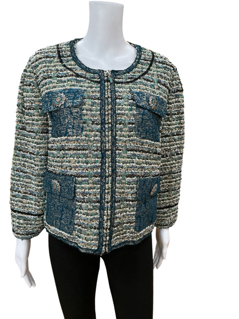 SLY GRAIN TWEED JACKET インディゴブルー st john Size 16 brown/turquoise Tweed Pre-Owned Ladies New With