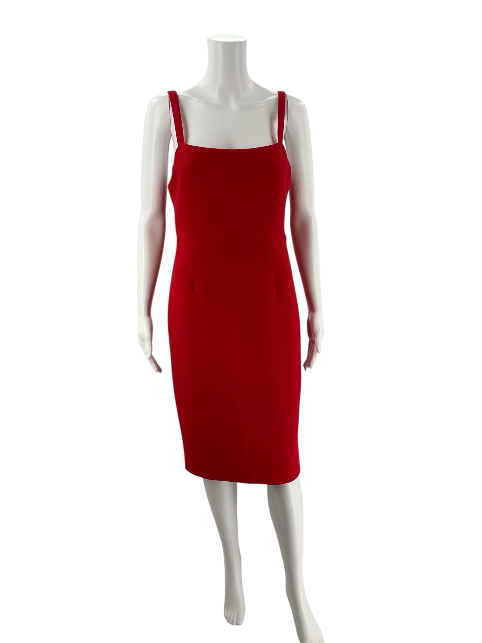 Front view of Lulus Remarkable Presence red textured midi dress on mannequin, featuring bodycon fit and sleeveless square neckline in size large.