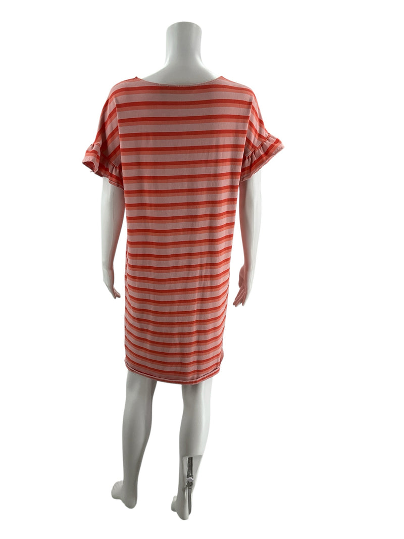 Back view of pre-owned Lands' End coral striped casual dress, featuring relaxed fit and ruffle sleeves, size medium.