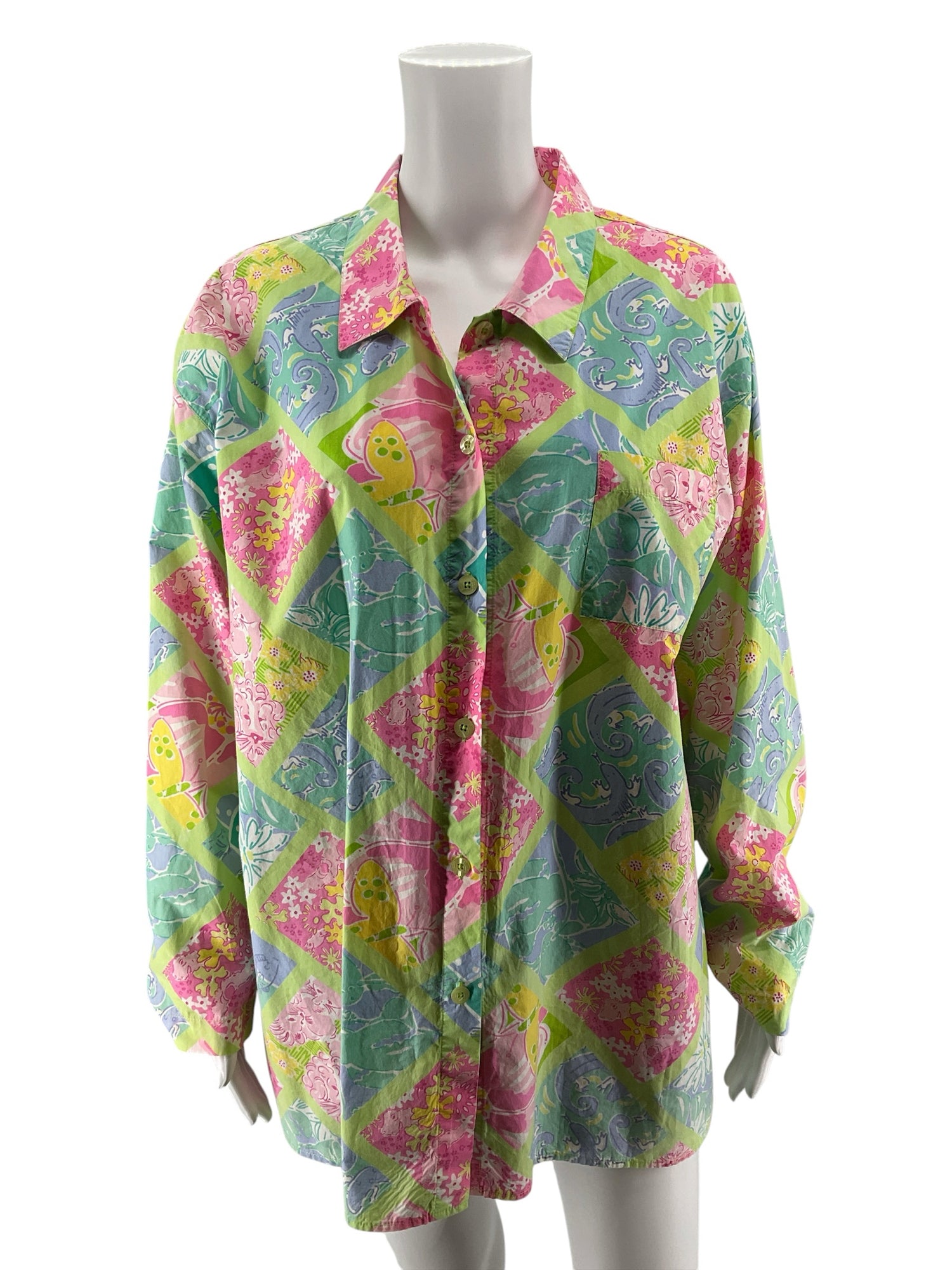 Lily Pulitzer Size XL lime/multi color Print Pre-Owned Casual Top - Downstairs