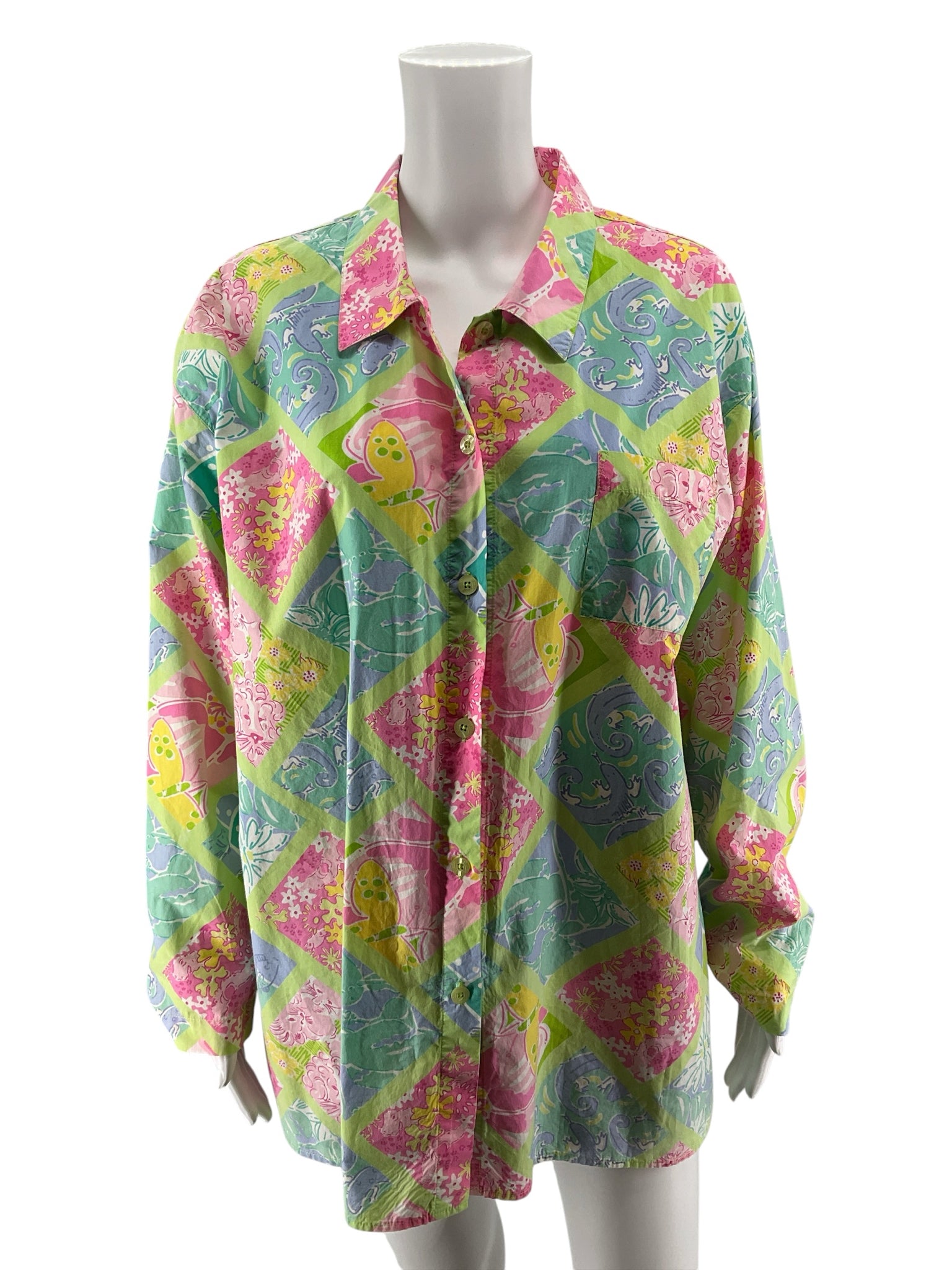 Lily Pulitzer Size XL lime/multi color Print Pre-Owned Casual Top - Downstairs