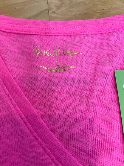 Lilly Pulitzer Etta V-Neck Tee Hot Pink Long Sleeve Slub Top Size Large