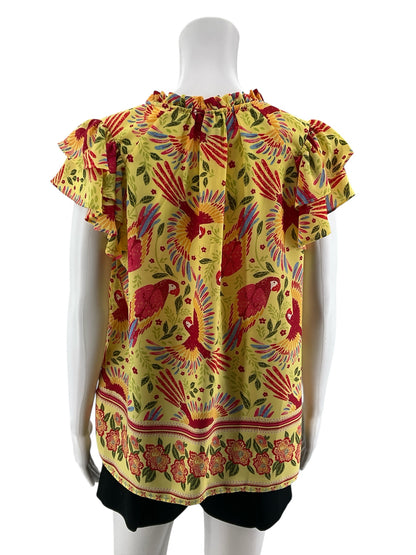 Rachel Roy Tropical Parrot Print Flutter Sleeve Blouse | Size Small