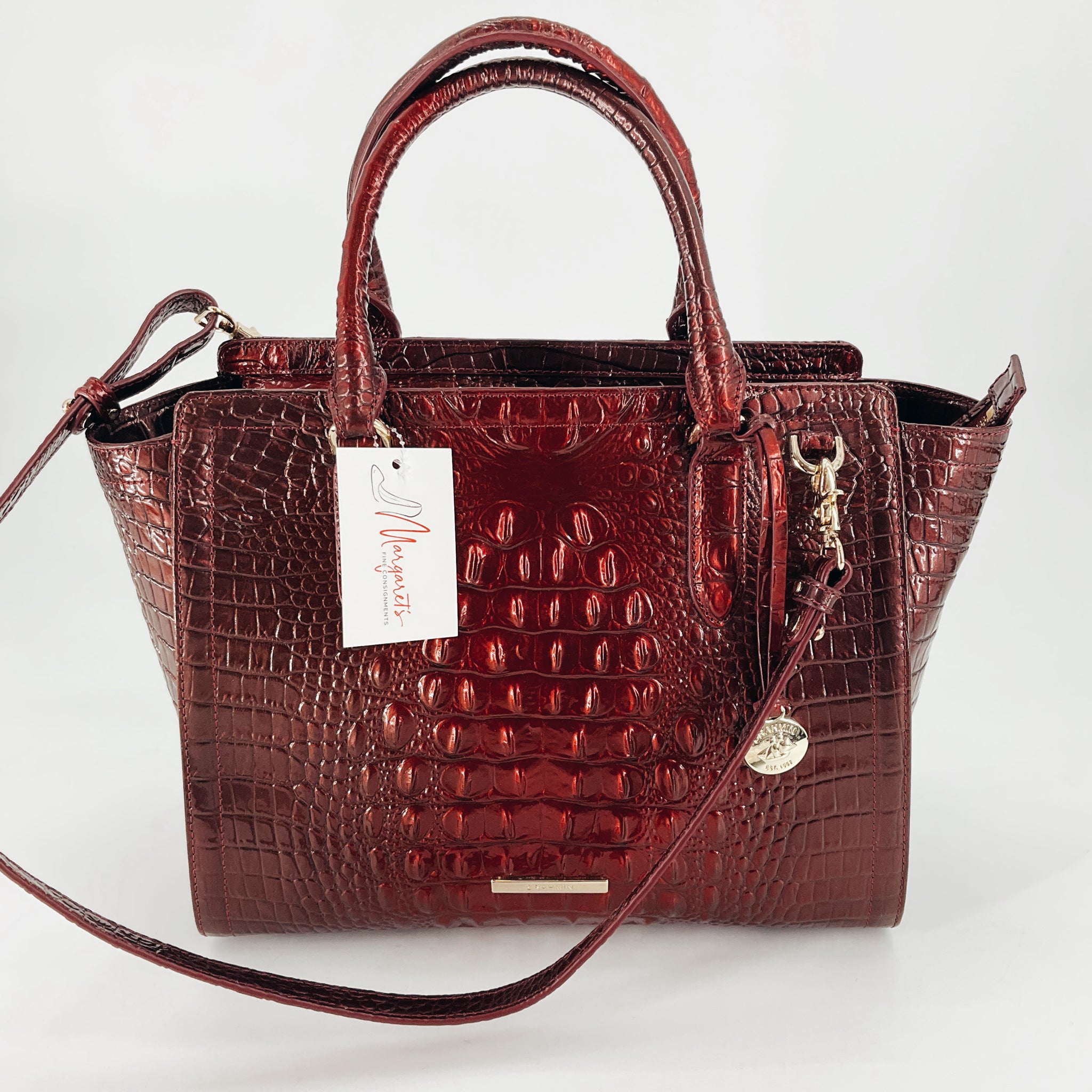 Brahmin Berry Crocodile Handbag in glossy textured leather with dual handles, detachable strap, and gold-tone hardware. NWT luxury purse.