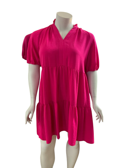 CeCe Hot Pink Puff Sleeve Tiered Swing Dress Size 1X