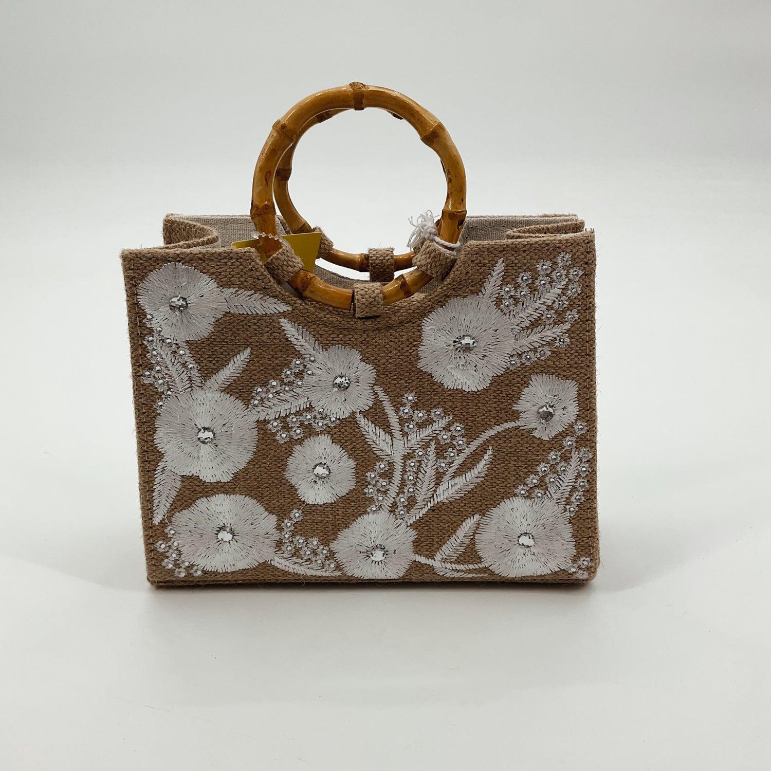 Haute Hippie NWT Floral Embroidered Jute Tote Bag Bamboo Handles