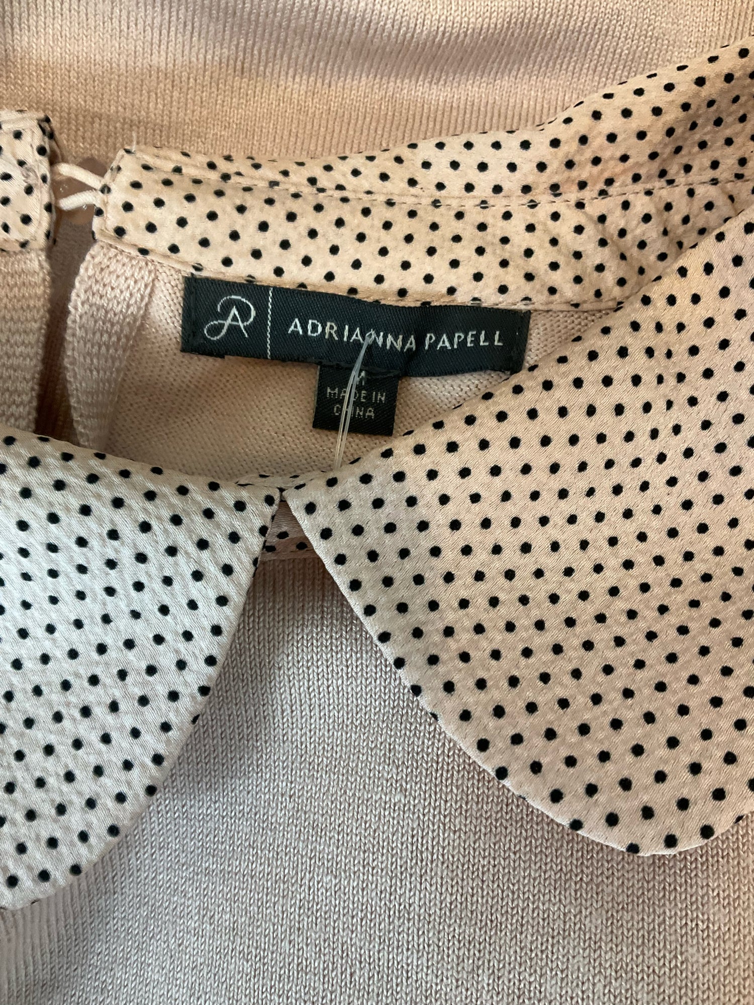 Adrianna Papell Pink Short Sleeve Pink Polka Dot Peter Pan Collar Puff Knit Top Size Medium - Size M