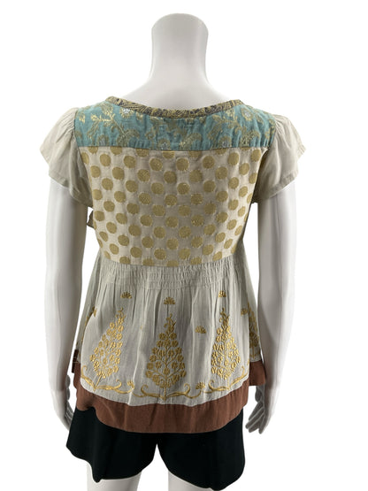 Floreat Anthropologie Gold Embroidered Boho Peplum Tunic Top Size 2