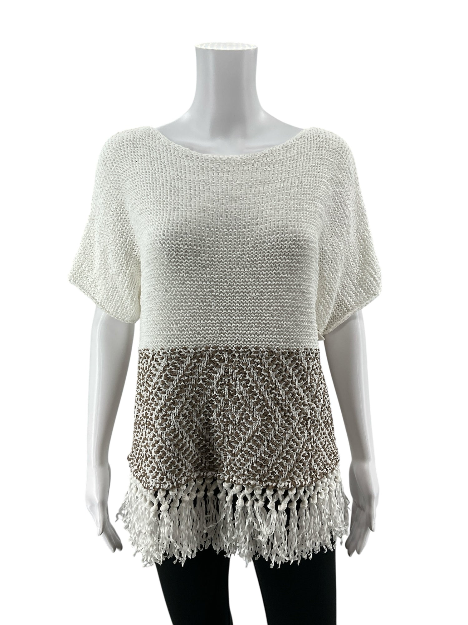 Fabiana Filippi white/brown Short Sleeve Rhodes Fringe Crochet Top NWT Size Small White &amp; Brown Italian Cotton-Blend - Size S