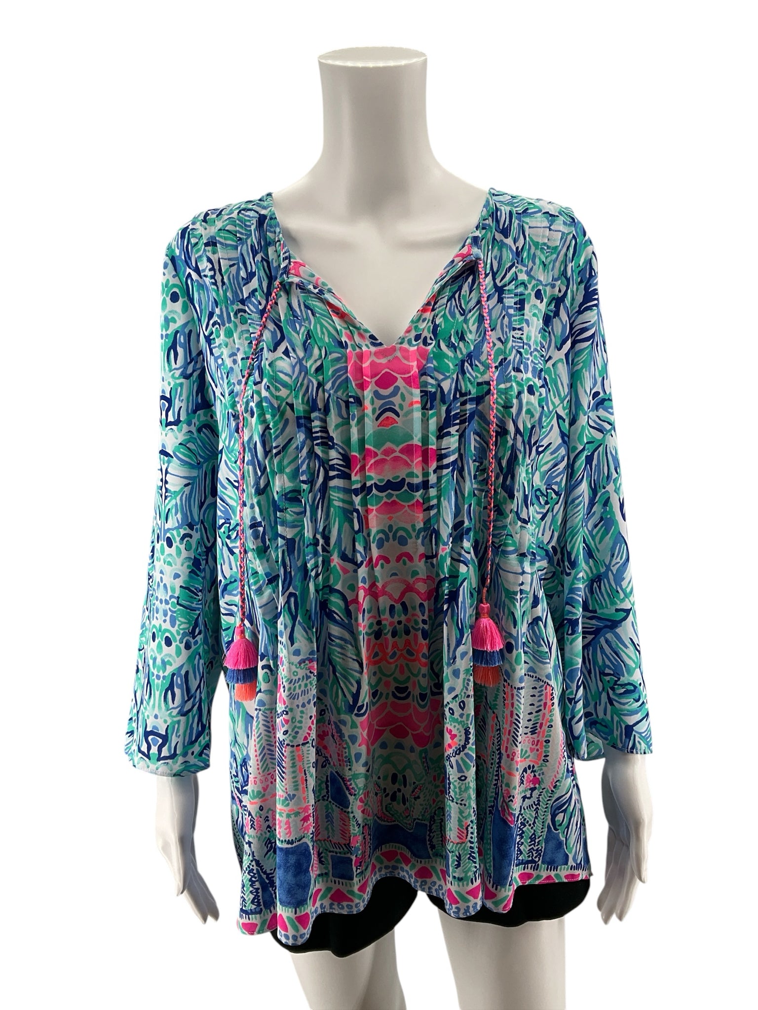 Lilly Pulitzer Tatum Tunic Top Multi Chin Chin Print V-Neck Tassel Blouse Size Large
