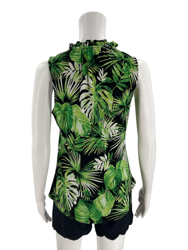 White House Black Market Green/Black Palm Leaves Blouse - Size XS - Margaret’s Fine Consignment