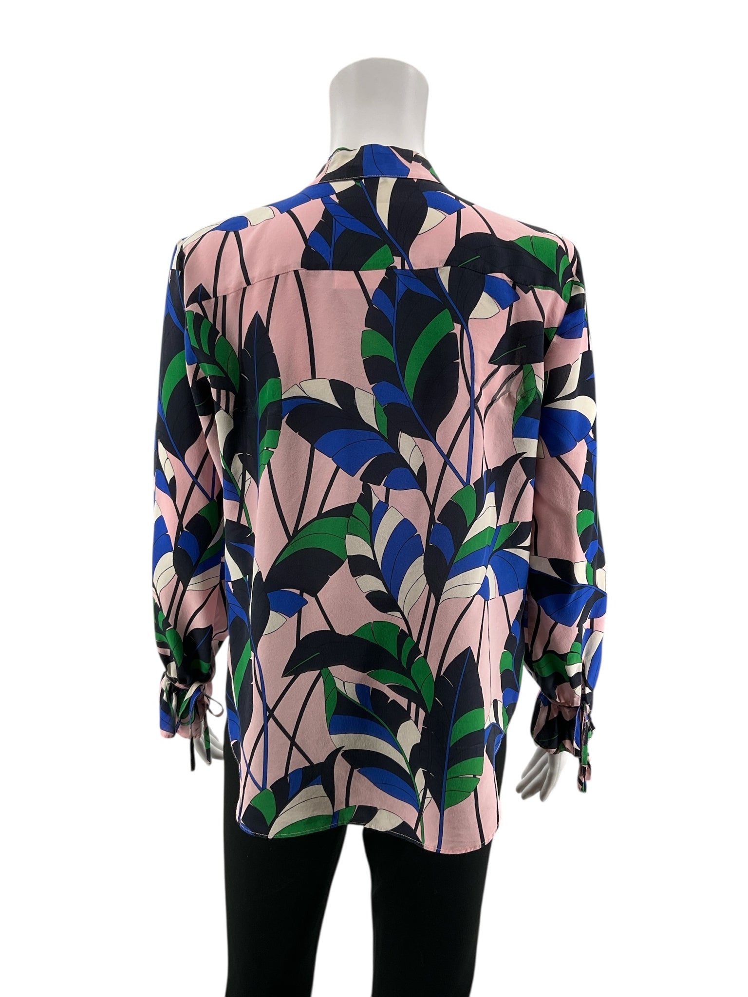 Ann Taylor pink/blue/green Long Sleeve Leaf Print 100% Silk Tie Cuff Blouse Pink Green Blue Size Small - Size S