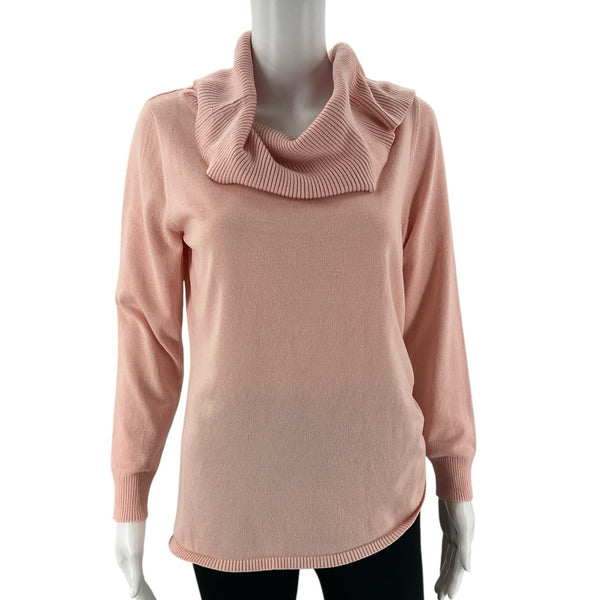 Ruby Rd pink cowl neck top in size small with long sleeves and ribbed trim, ideal for casual wear. Women’s consignment sweater in excellent condition.