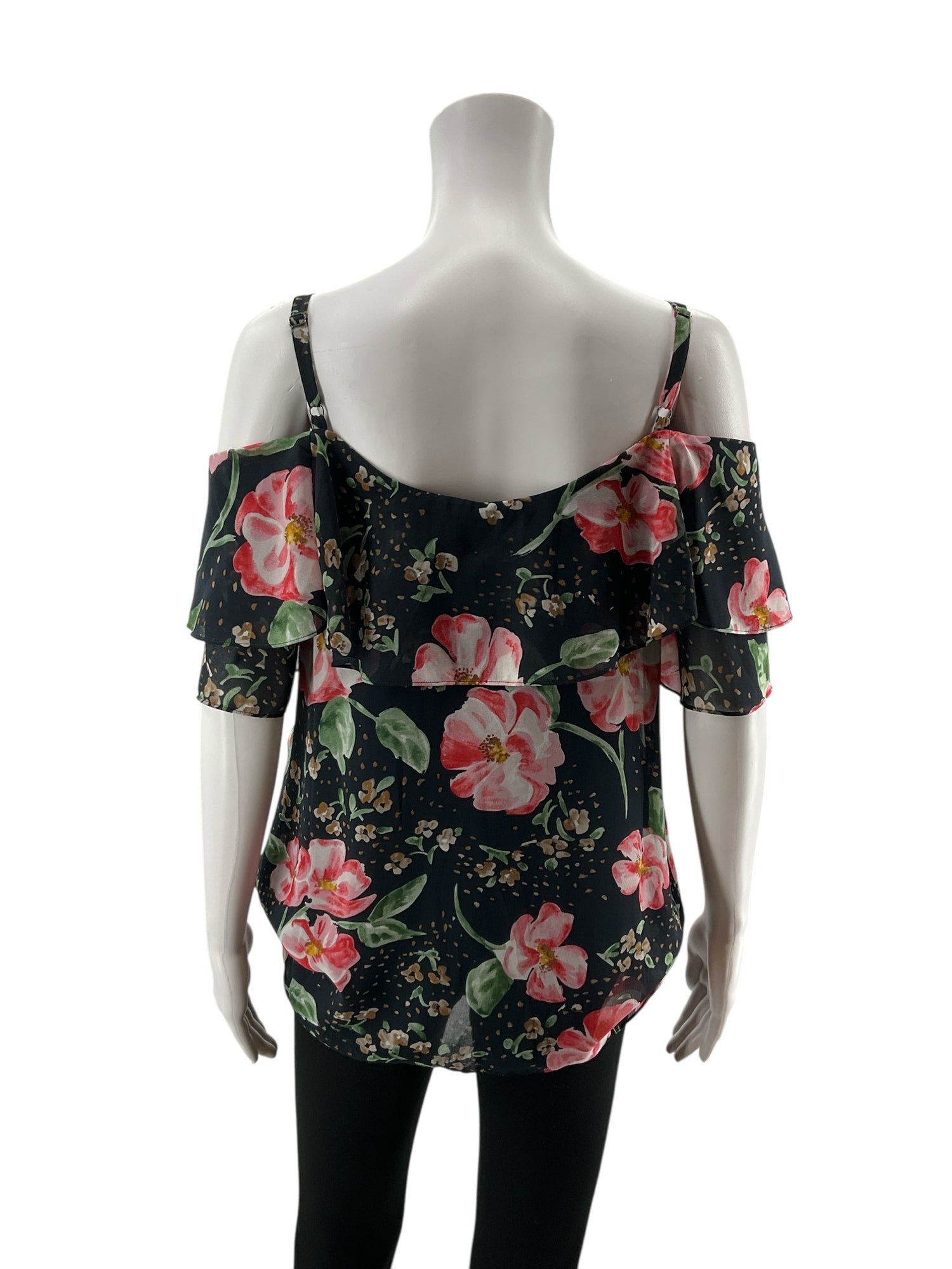 cabi Navy/red Cold Shoulder Ruffle Top Floral Cold Shoulder Blouse Size S Style 5220 - Size S