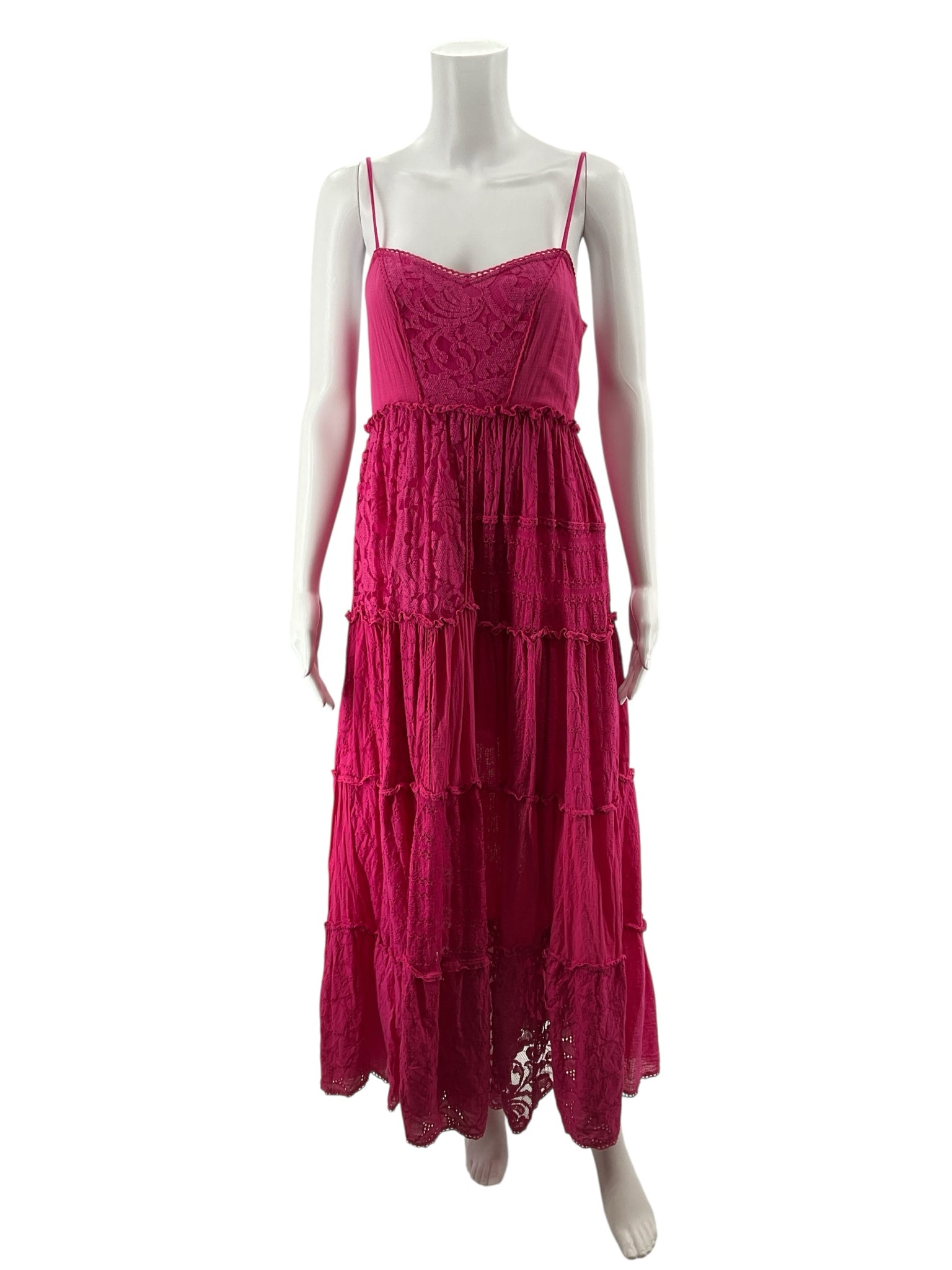 Bhanuni by Jyoti Pink Tiered Lace Bohemian Maxi Dress Size XSP