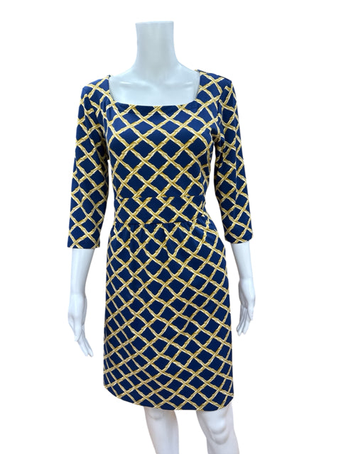 Front view of Jj Mclaughlin Blue/Gold Print Pre-Owned Ladies Dress, featuring navy and gold lattice print and knee-length shift design.