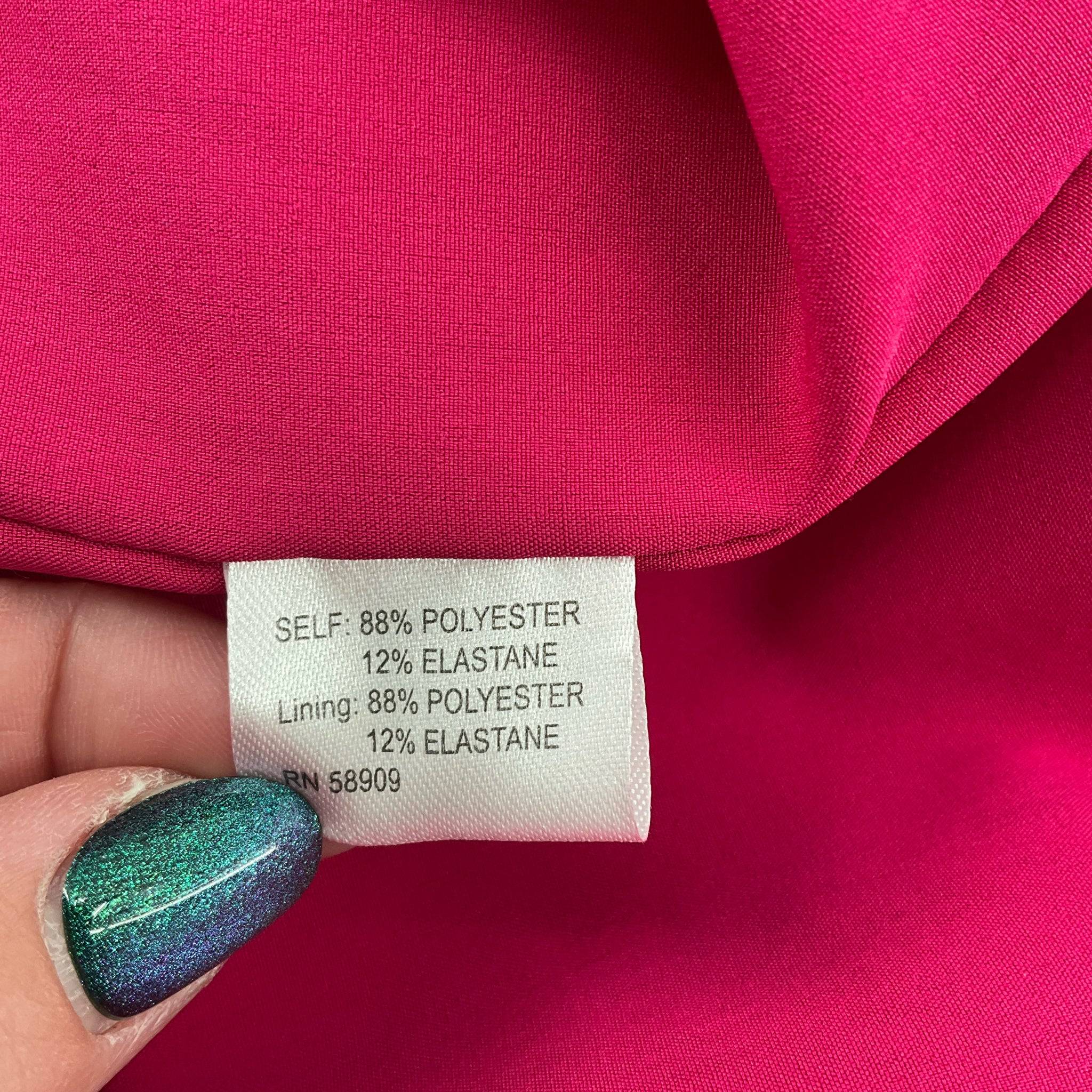 Fabric content tag showing 88% polyester and 12% elastane composition of Alex Marie solid pink knee-length dress size 12.