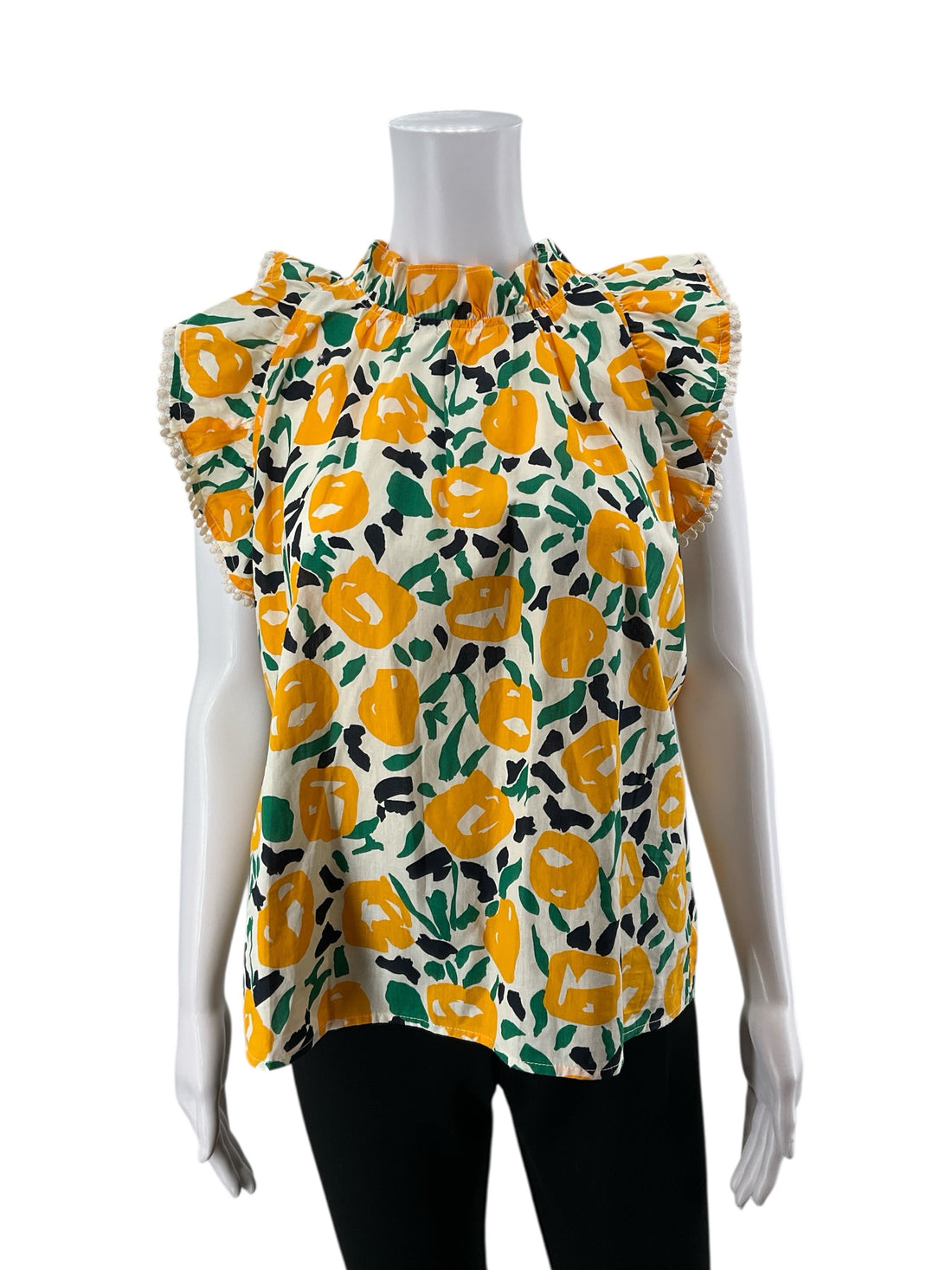THML cream/yellow/green Cap Sleeve Floral Flutter Sleeve Pom Pom Trim Blouse Top Size Medium - Size M