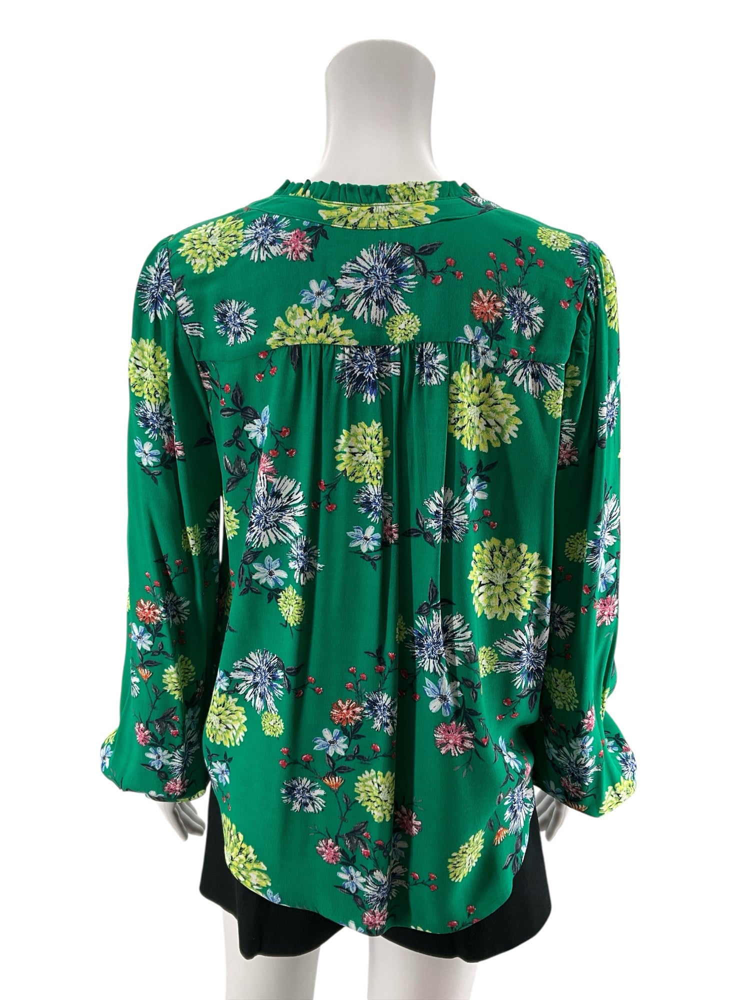 LOFT Floral Ruffle Split Neck Bishop Sleeve Blouse Green XS