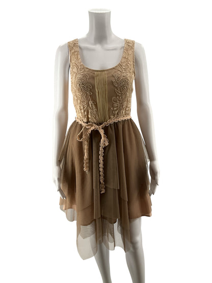 Ryu Taupe Embroidered Mesh Tiered Tulle Dress | Size Small