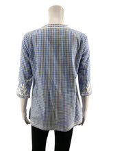 Gretchen Scott blue/white 3/4 Sleeve Gingham Embroidered Tunic Top Blue White Checkered Size XS - Size XS