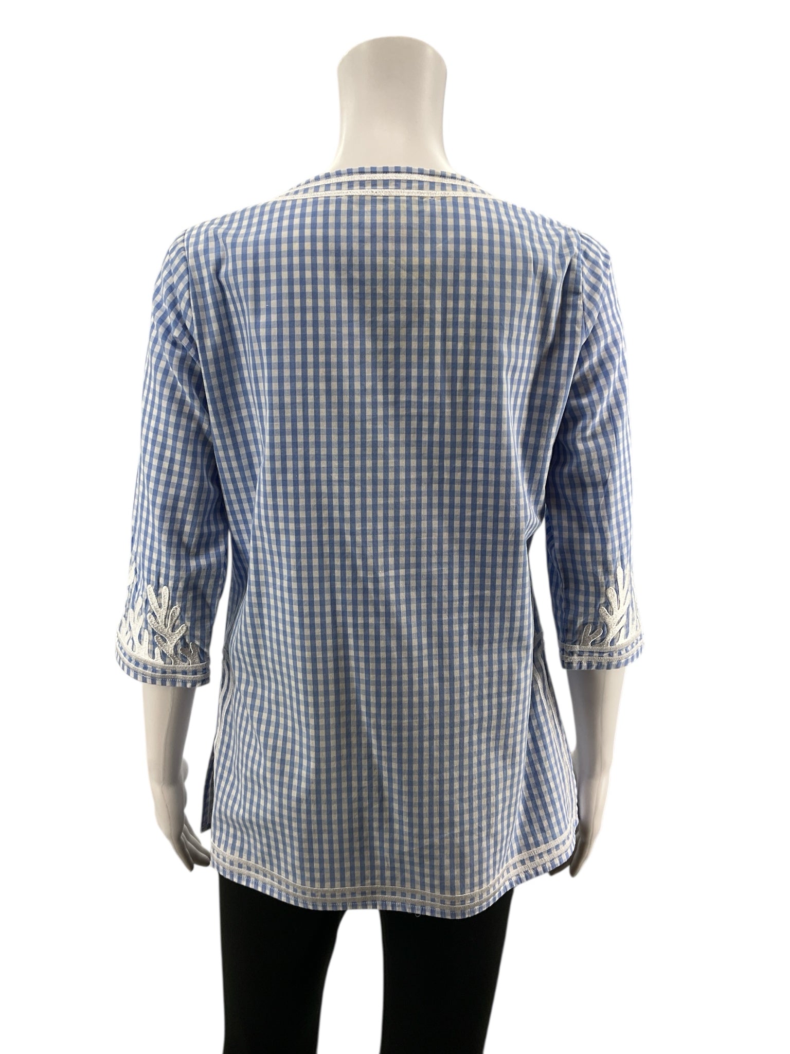Gretchen Scott blue/white 3/4 Sleeve Gingham Embroidered Tunic Top Blue White Checkered Size XS - Size XS