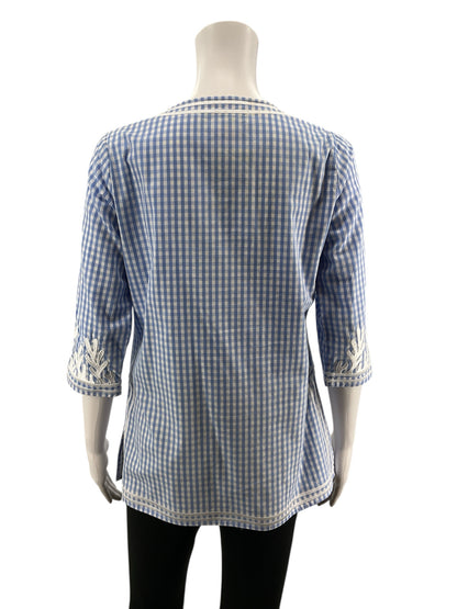 Gretchen Scott blue/white 3/4 Sleeve Gingham Embroidered Tunic Top Blue White Checkered Size XS - Size XS