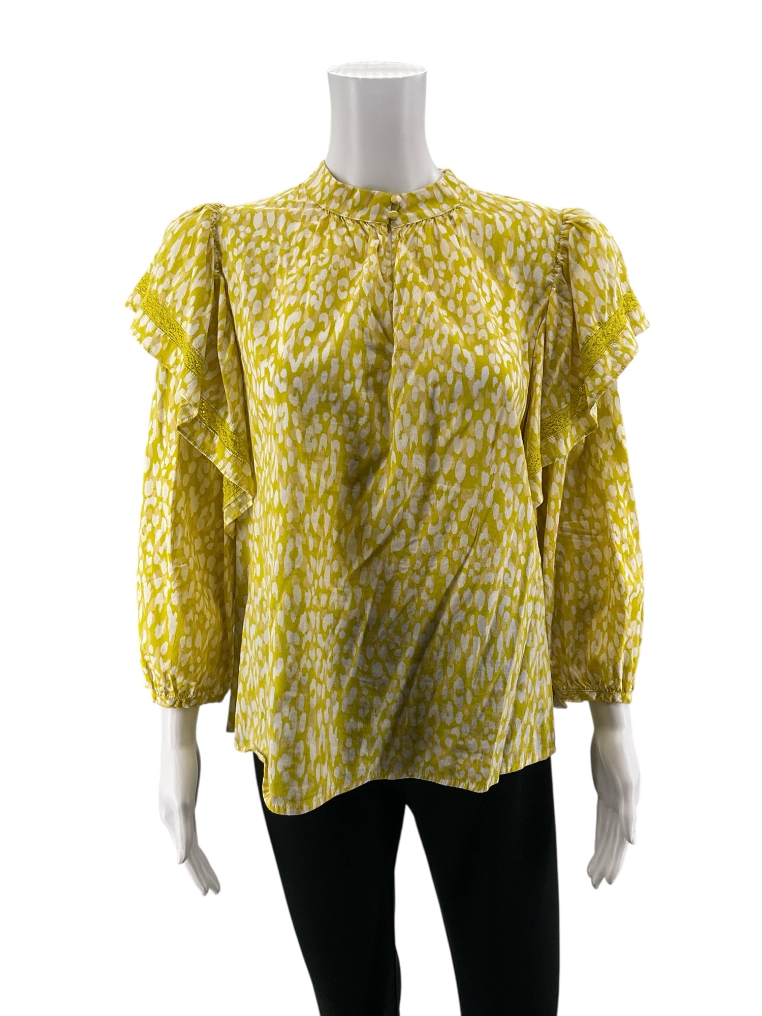 WHO WHAT WEAR mustard/white 3/4 Sleeve Mustard &amp; White Animal Print Ruffle Sleeve Blouse Top Size XL - Size XL