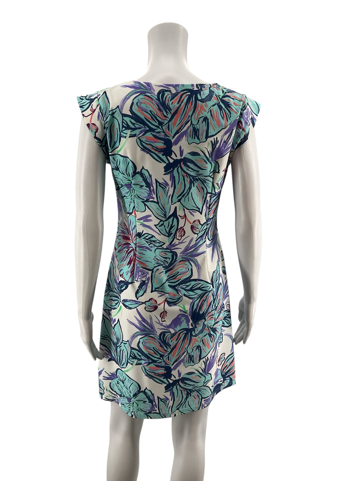 Aryeh Floral Cap Sleeve A-Line Shift Dress White Aqua Blue Size Small