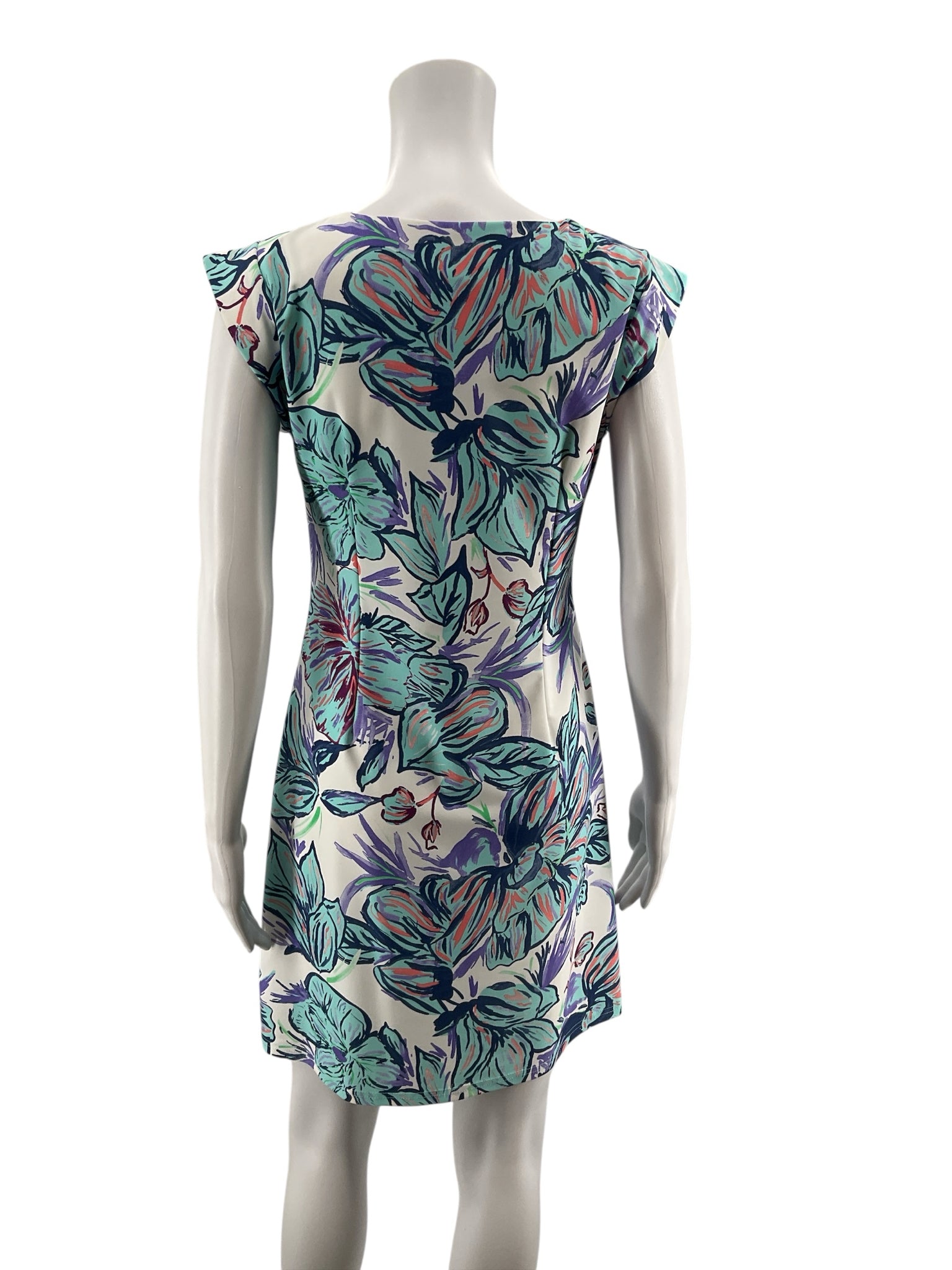 Aryeh Floral Cap Sleeve A-Line Shift Dress White Aqua Blue Size Small