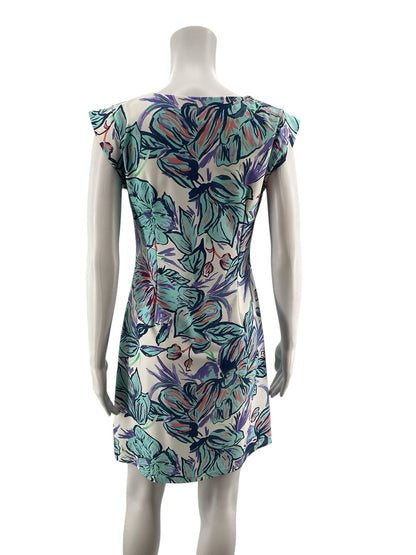 Aryeh Floral Cap Sleeve A-Line Shift Dress White Aqua Blue Size Small