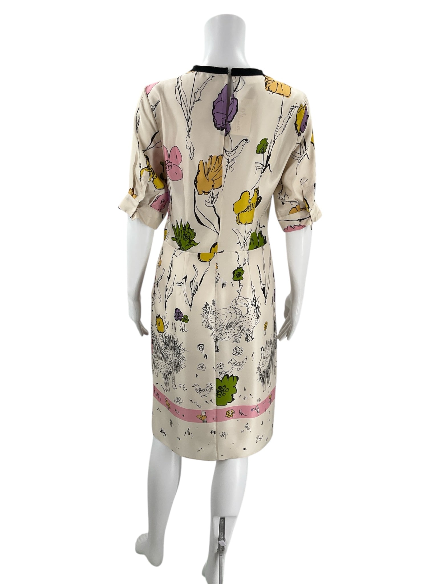 Back view of Marni Cream/Multi Floral Dress Size Medium showing floral pattern and pink hem detail, ideal for stylish pre-owned wardrobe updates.